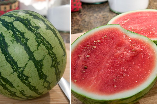 A watermelon cut in half.