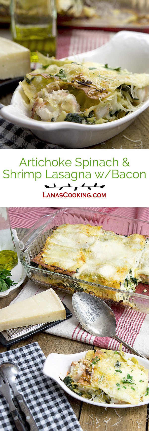 A non-traditional lasagna featuring artichoke hearts, spinach, shrimp, bacon, and Ragu's Light Parmesan Alfredo sauce.  https://www.lanascooking.com-artichoke-spinach-shrimp-bacon-lasagna