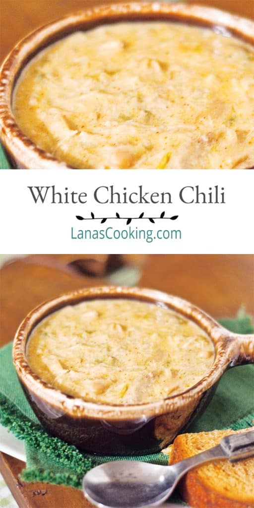 A bowl of creamy white chicken chili on a napkin with a spoon alongside. Text overlay for pinning