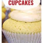 Lime cupcake with white frosting in a paper liner, shown close up. Text: Lime Cupcakes.