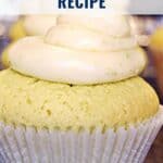 Lime cupcake with creamy frosting in a white paper liner; text reads Lime Cupcakes Recipe.