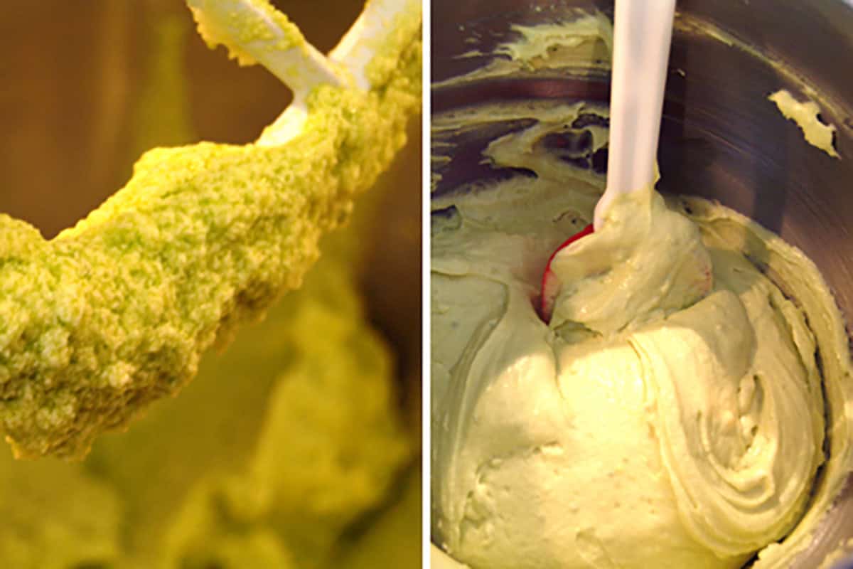 Close-up of green batter on a mixer and in a bowl, being stirred with a spatula.