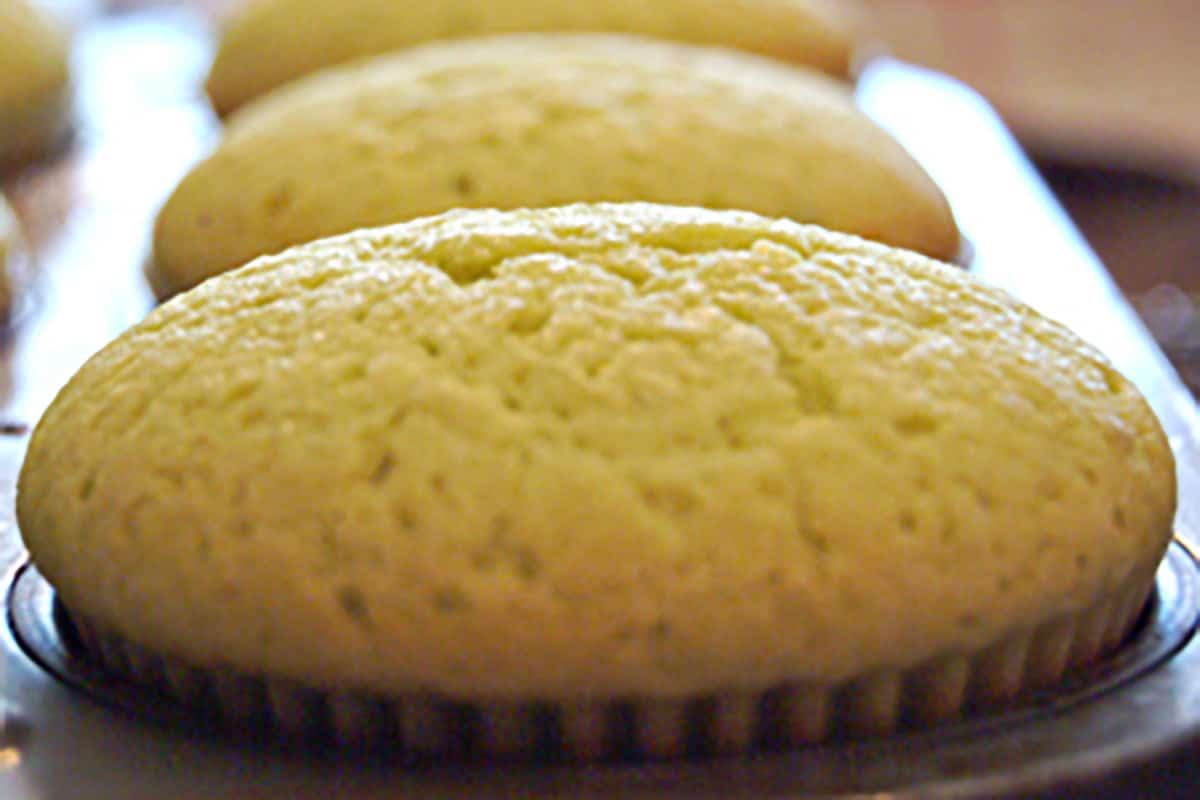 Close-up of freshly baked lime cupcakes in a muffin tray.