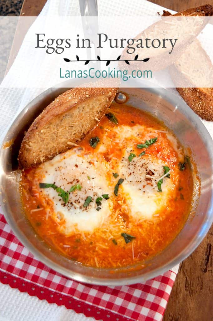 Eggs in Purgatory - Eggs poached in a quickly made tomato, garlic, and basil sauce. Perfect supper for one or late night indulgence. https://www.lanascooking.com/eggs-in-purgatory/