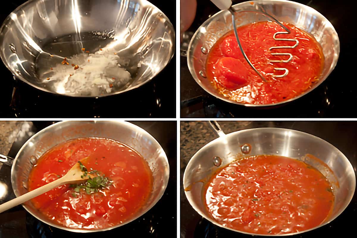 Photo collage showing the steps for making the tomato sauce.