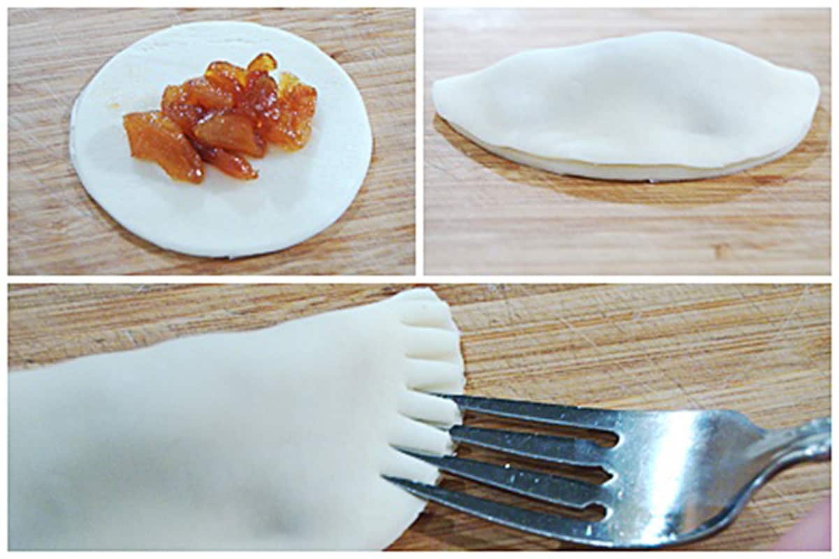 Baked Apple Pies Collage showing how to fill, fold, and seal the dough.