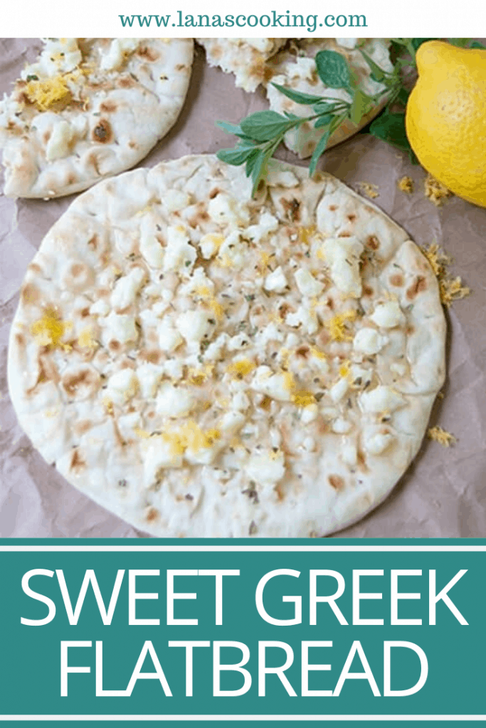 Sweet Greek Flatbread - flatbread topped with warm feta cheese, honey, lemon zest and oregano. Serve as an appetizer, snack, or light dessert. https://www.lanascooking.com/sweet-greek-flatbread/