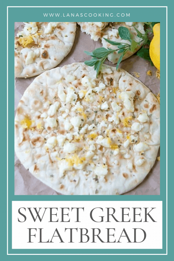 Sweet Greek Flatbread - flatbread topped with warm feta cheese, honey, lemon zest and oregano. Serve as an appetizer, snack, or light dessert. https://www.lanascooking.com/sweet-greek-flatbread/