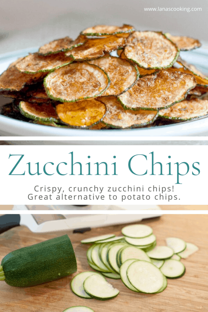 Finished zucchini chips stacked on a serving plate.