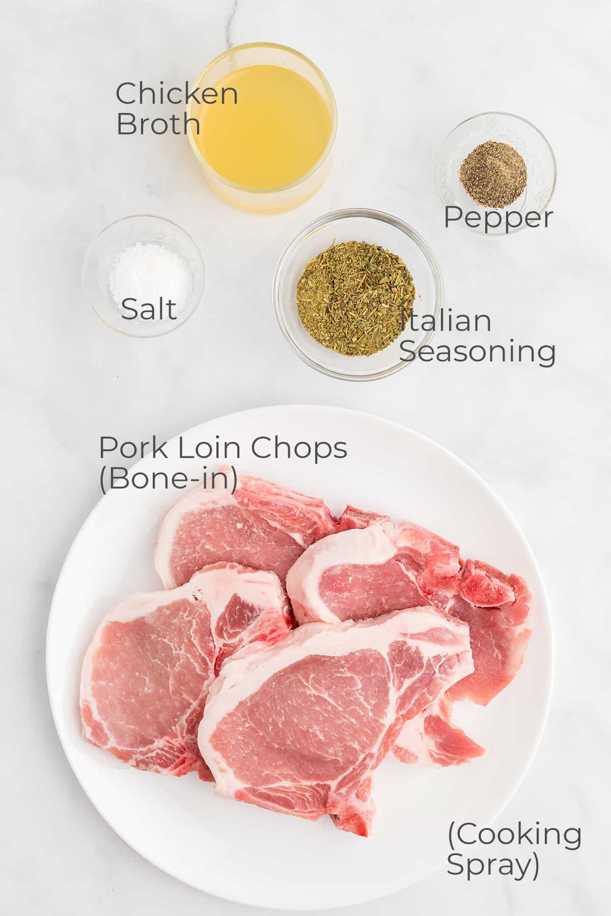 Ingredients needed for braised skillet pork chops.