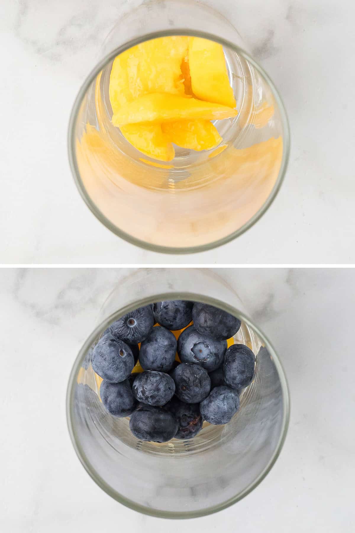 Top view of a glass with peach slices, then the same glass with blueberries added on top of the peaches.