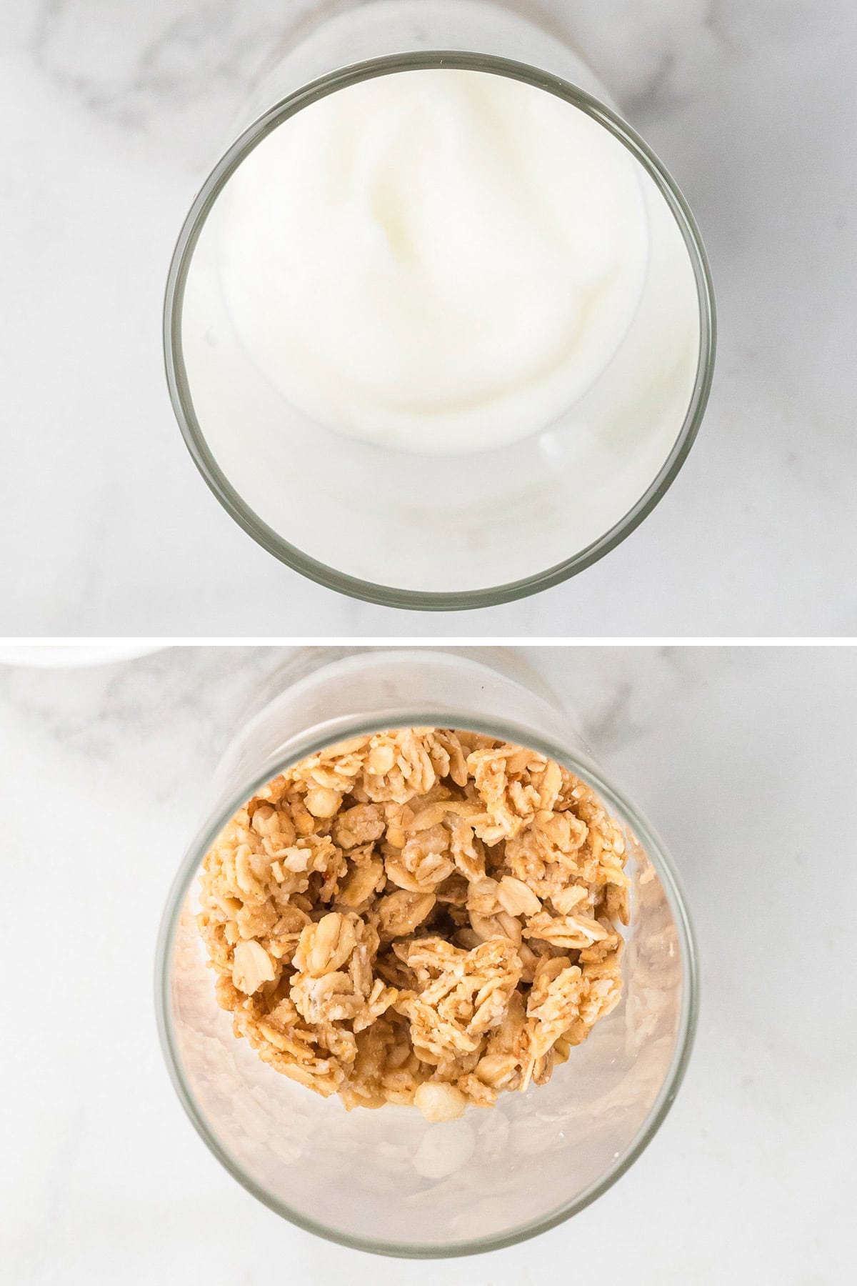 Top: glass with yogurt. Bottom: glass with yogurt topped with granola, both on a white surface.