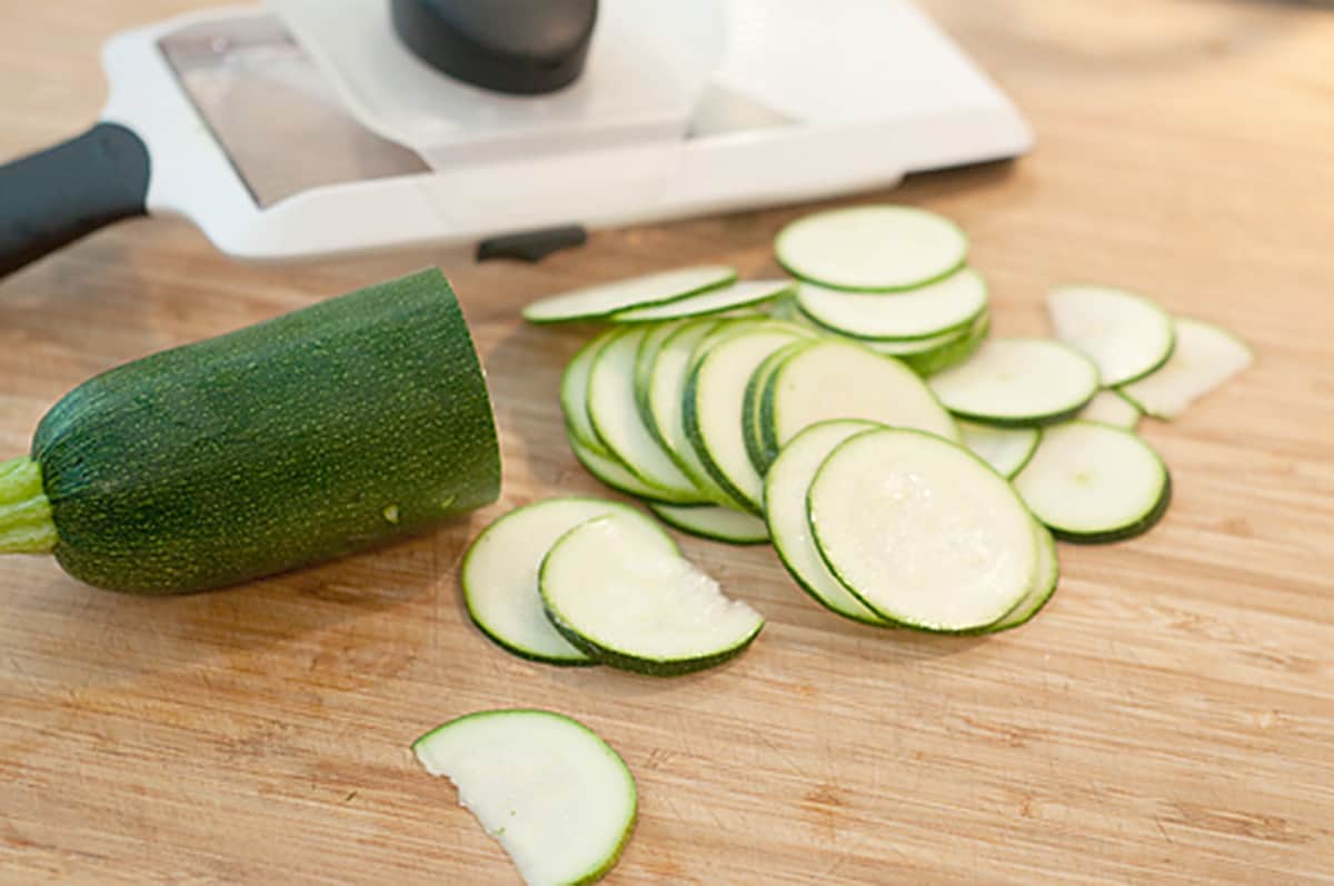 Zucchini sliced with a mandolin.