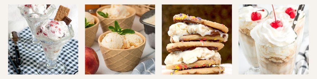 Four desserts: strawberry s'mores ice cream, peach ice cream, a nutella ice cream sandwich, and a coke float.