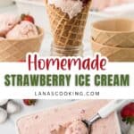 A waffle cone filled with homemade strawberry ice cream, surrounded by bowls of ice cream, fresh strawberries, and a container of ice cream with a scoop.