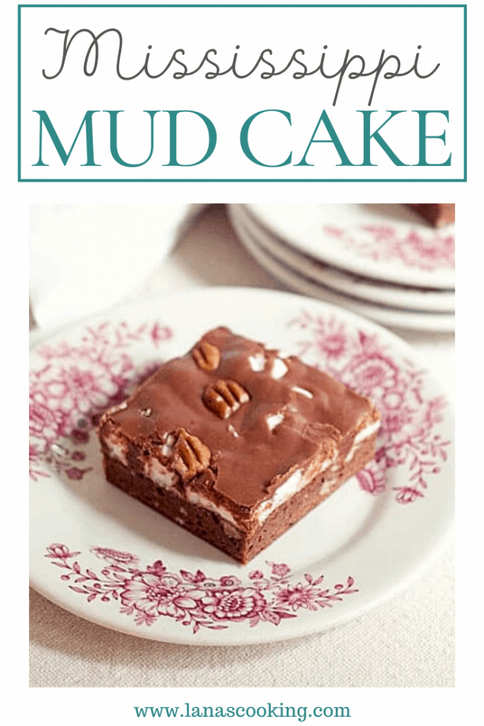 A vintage recipe for Mississippi Mud Cake - a brownie cake base topped with melted marshmallows and drizzled with chocolate frosting. https://www.lanascooking.com/mississippi-mud-cake/
