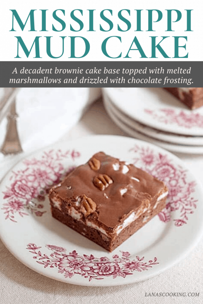 A vintage recipe for Mississippi Mud Cake - a brownie cake base topped with melted marshmallows and drizzled with chocolate frosting. https://www.lanascooking.com/mississippi-mud-cake/