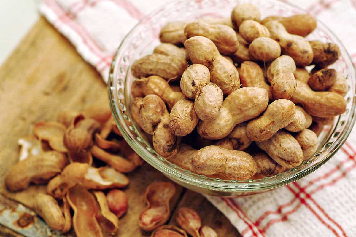 A glass bowl filled with boiled peanuts.