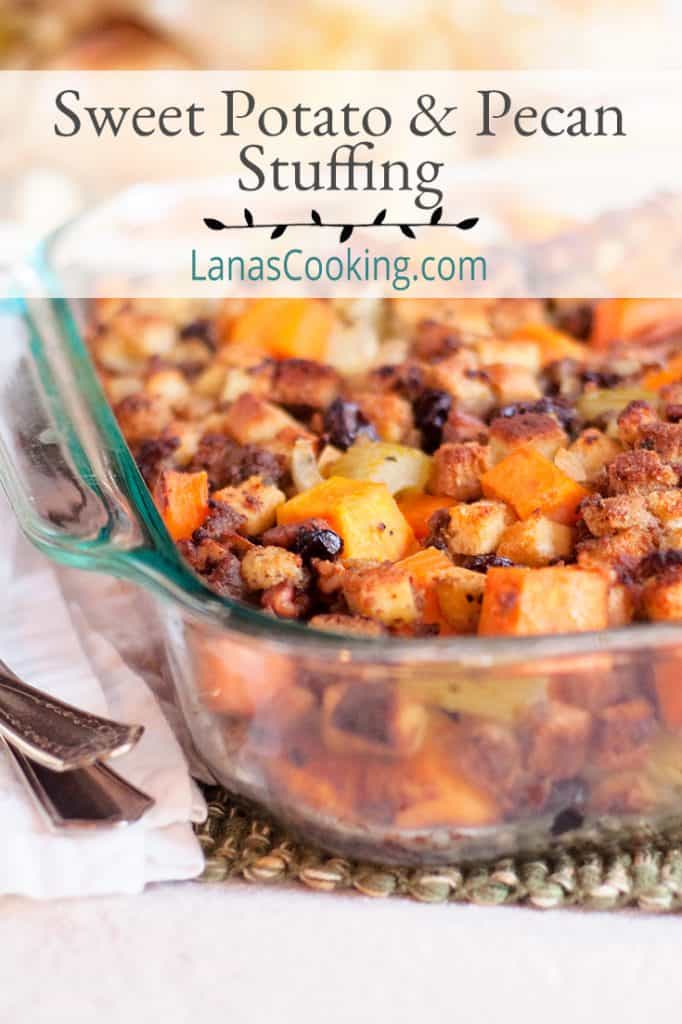 Sweet Potato and Pecan Stuffing in baking dish. Text overlay for pinning.