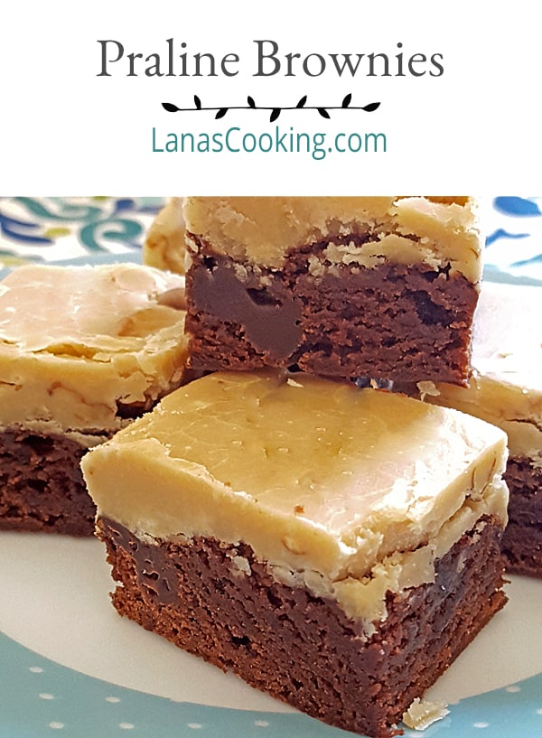 Praline Brownies - whipping cream, butter, and light brown sugar with pecans make a rich praline topping for quick and easy box mix brownies. https://www.lanascooking.com/praline-brownies/