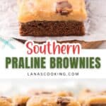 Close-up of praline brownies with thick caramel frosting, shown on parchment and sliced for serving.