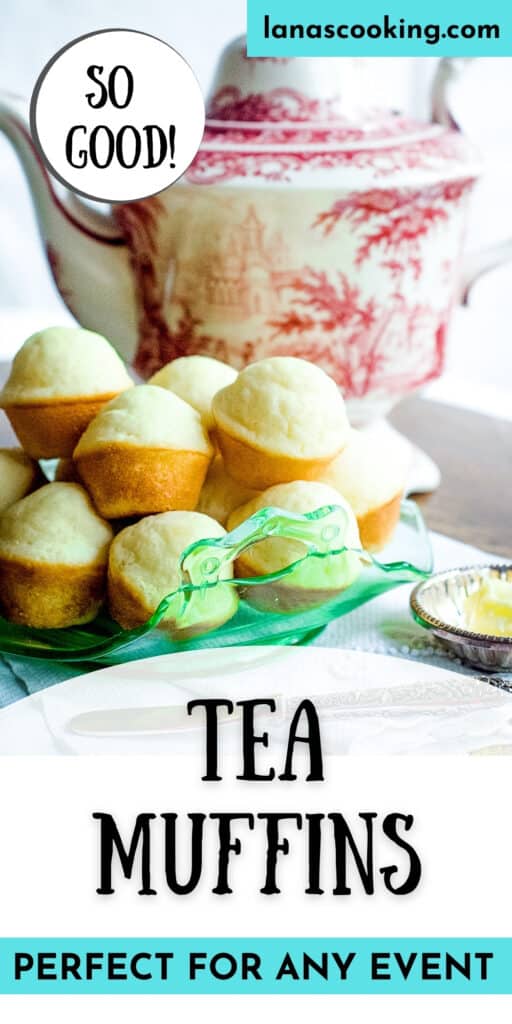 Tea muffins piled high on a serving plate with a pot of tea in the background.