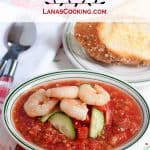 Gazpacho and Garlic Shrimp with Cheese Toasts - Fresh, summery gazpacho topped with buttery, garlic shrimp and served with cheese toasts. https://www.lanascooking.com/gazpacho-and-garlic-shrimp-with-cheese-toasts/
