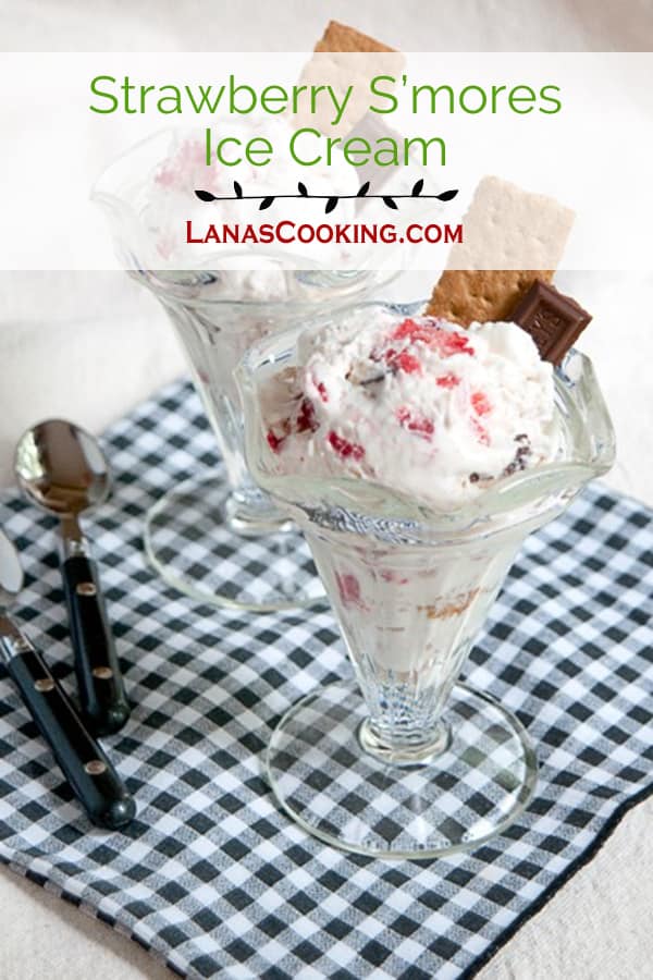 Strawberry S'mores Ice Cream - Delicious fresh strawberry ice cream with bits of chocolate, graham crackers, and mini marshmallows. https://www.lanascooking.com/strawberry-smores-ice-cream/