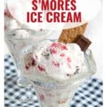 Two glass dishes of strawberry smores ice cream with graham crackers and chocolate on a checkered cloth.