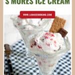 Two glass bowls of strawberry s’mores ice cream with graham cracker, chocolate, and spoons on a checkered cloth.