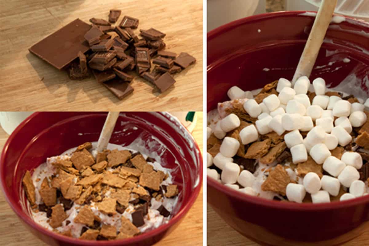 Chopped chocolate, and a mixing bowl with whipped mixture, graham crackers, and mini marshmallows.