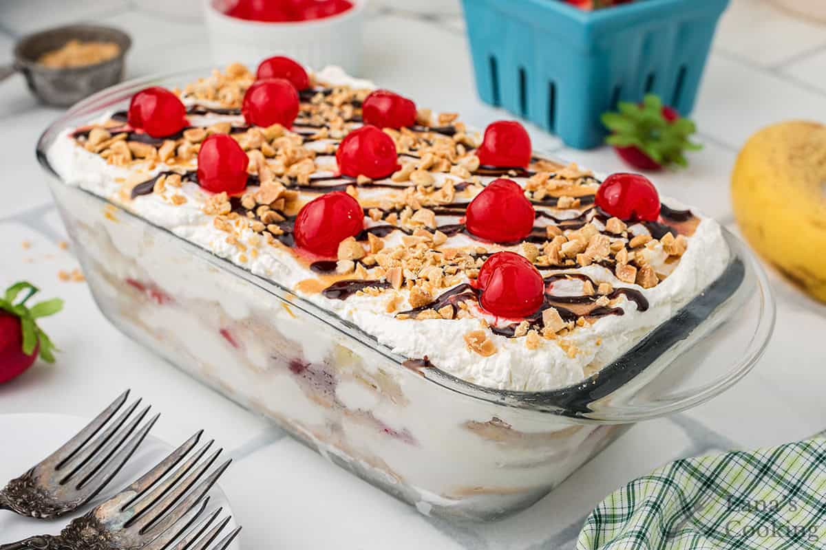 Finished icebox cake with all toppings added.