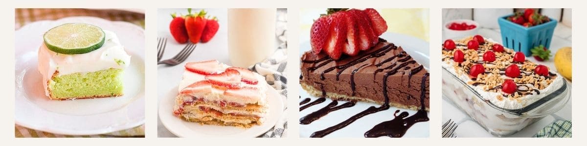 A collage of four dessert dishes: lemon-lime cake, strawberry icebox cake, no-bake chocolate cheesecake with strawberries, and a banana split icebox cake.