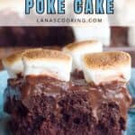 A slice of chocolate cake with a gooey chocolate topping and toasted marshmallows on top, served on a blue plate.