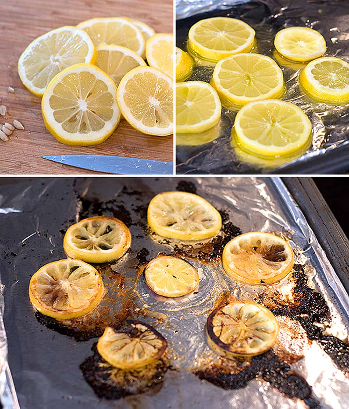 Photo collage showing slicing and roasting lemons.