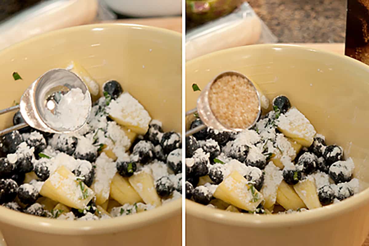 Two side-by-side images show a bowl of fruit with flour being added in the left image and brown sugar being added in the right image.