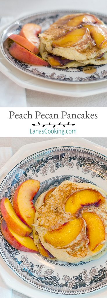 Fresh ripe peaches and pecans make these Peach-Pecan Pancakes a special breakfast or brunch treat! https://www.lanascooking.com/peach-pecan-pancakes/