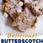 Close-up of butterscotch brownies topped with powdered sugar, butterscotch chips, and mini marshmallows on a white plate. Text overlay promotes a recipe at lanascooking.com.