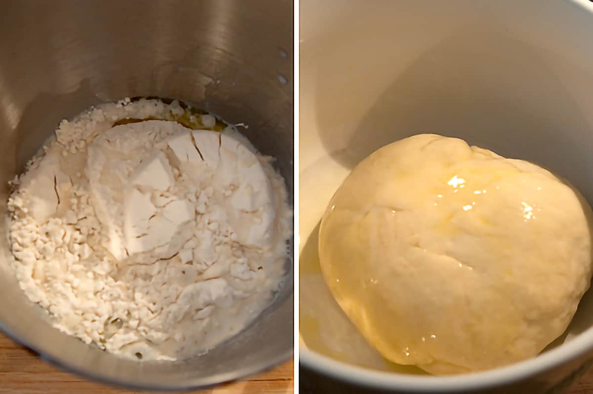 Left: Ingredients in a large mixing bowl; Right: Finished ball of dough resting in large mixing bowl