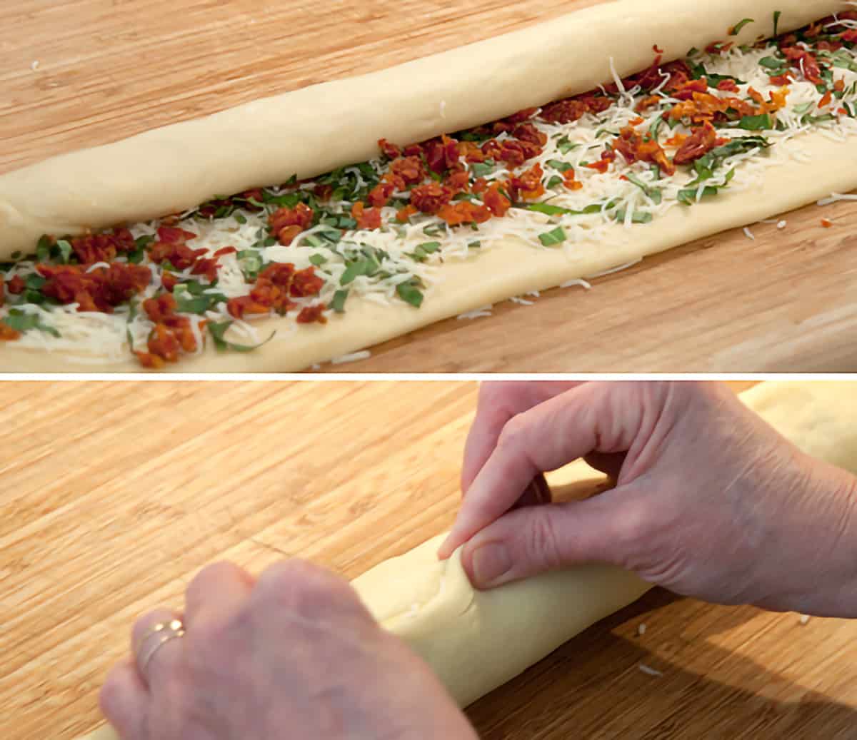 Filled rectangle of dough being rolled into a cylinder and sealed along the edge.