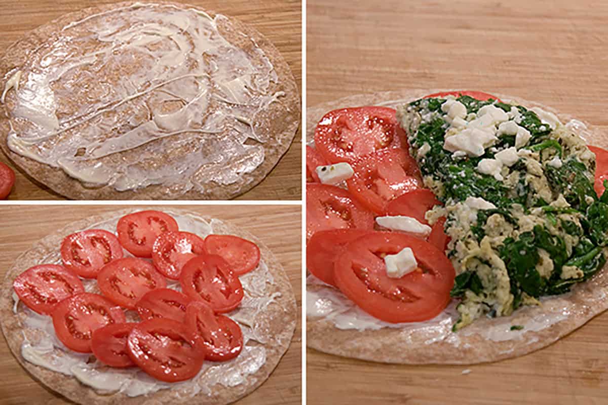Three-step collage: A tortilla spread with a white sauce, topped with sliced tomatoes, and then with tomatoes, spinach, scrambled eggs, and feta on one half. All on a wooden surface.