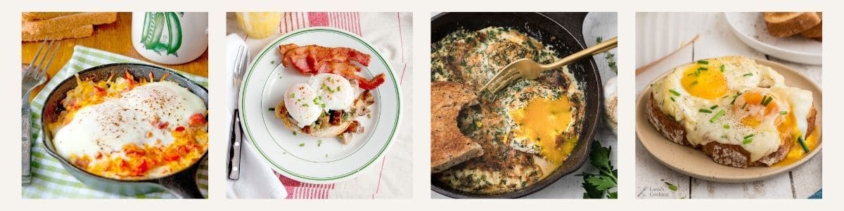 Four breakfast dishes featuring eggs: a skillet with baked eggs and vegetables, poached eggs with bacon on toast, skillet eggs with herbs, and fried eggs on toasted bread.