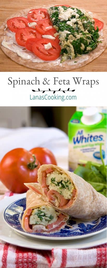 These Spinach and Feta Wraps filled with egg whites, pesto, spinach, and tomatoes are a healthy option for breakfast, brunch, or lunch. https://www.lanascooking.com/spinach-feta-wraps/