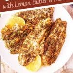 Baked Catfish on a white plate. Text overlay for pinning.