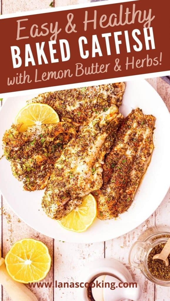 Baked Catfish on a white plate. Text overlay for pinning.