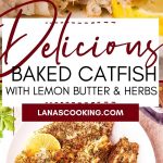 Baked Catfish on a white plate. Text overlay for pinning.
