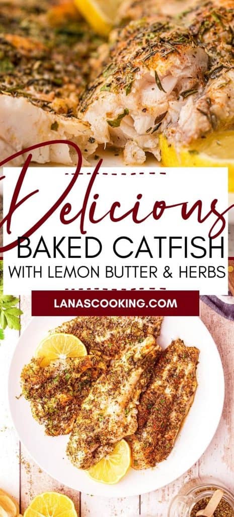 Baked Catfish on a white plate. Text overlay for pinning.