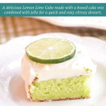 A serving of lemon lime cake on a white plate.