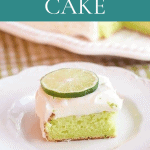 A serving of lemon lime cake on a white plate.
