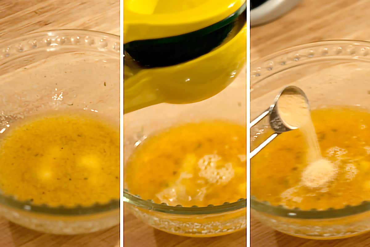 Small bowl containing a mixture of melted butter, lemon juice and garlic powder